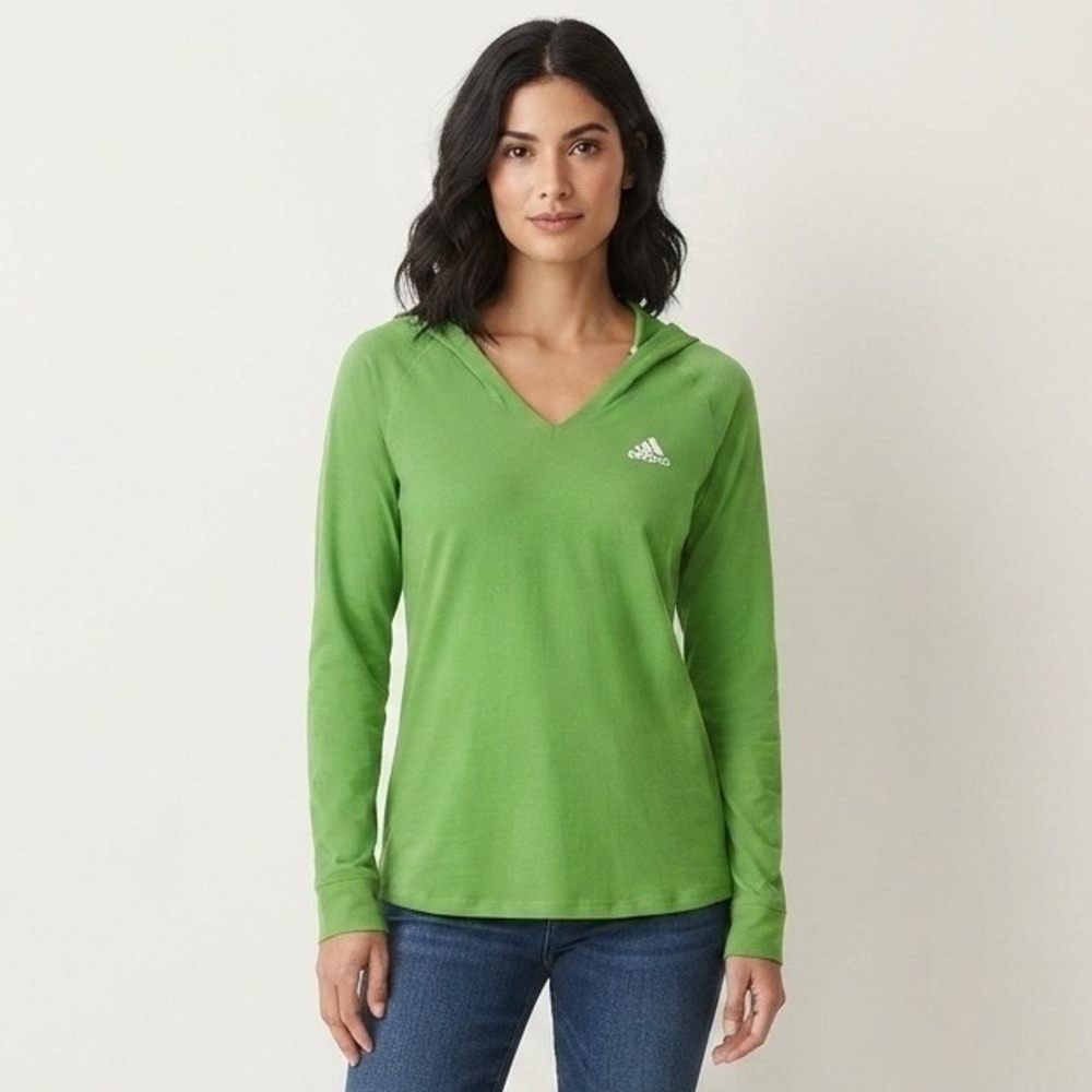 Adidas Womens Medium Green Long Sleeve V-Neck Hooded T-Shirt Lightweight Top